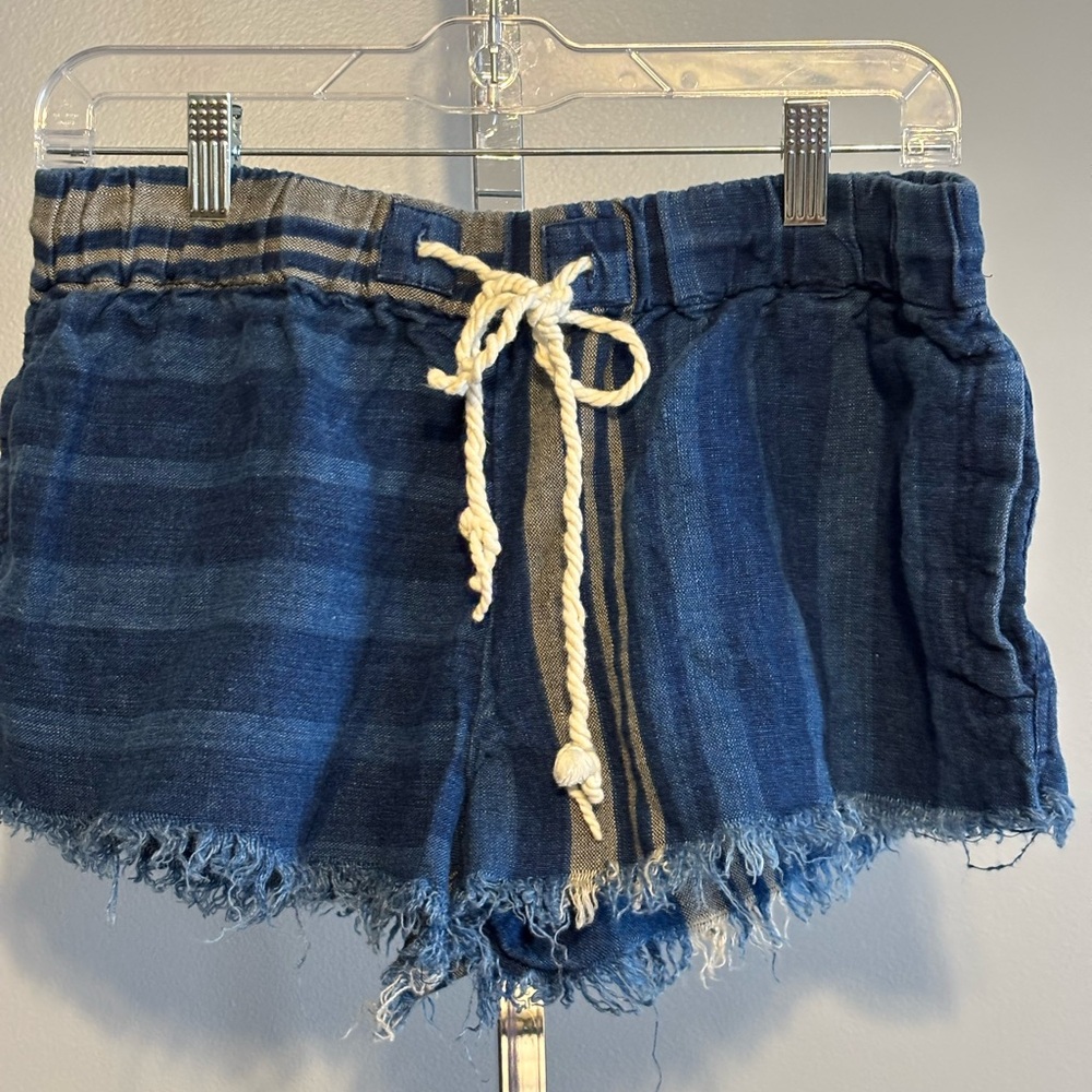 Free People Women’s Linen Shorts with Blue Pattern‎ Frayed Edges Elastic Waist M